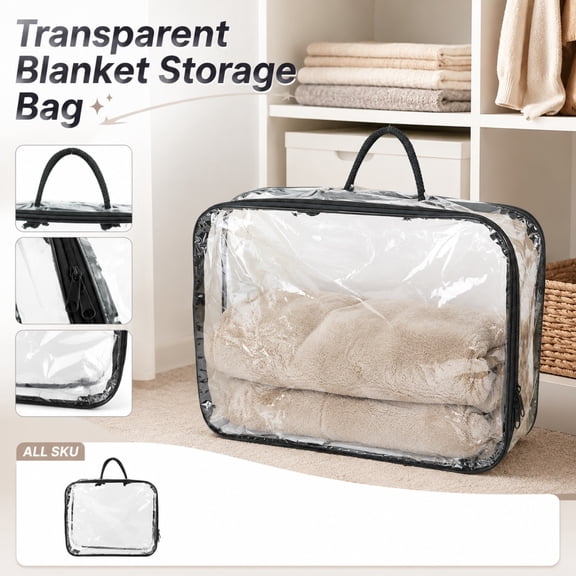 Blanket Storage Bag, Transparent Dustproof, 1 Pack with Reinforced Handle and Smooth Zipper, For Comforter Bedding Pillow Linen Closet Organization Travel Moving Storage