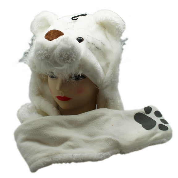 White Brown Nosed Bear Soft Plush Hat w/Hanging Arm Mittens