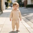 thumbnail image 4 of Zuwimk Boys And Girls 2-Piece Solid Color Hoodie Jogger Set, Athletic Outfits Elastic Waistband, Big Boy Girls Toddler Activewear(T075-Beige), 4 of 9