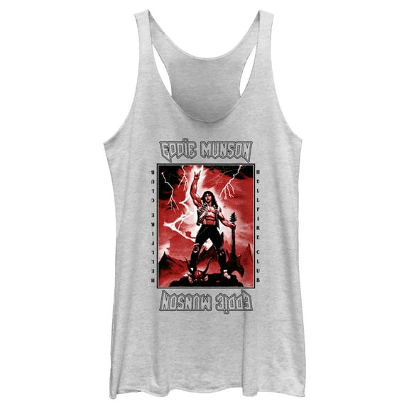 Netflix Women's Stranger Things White Hellfire Club Rockstar Eddie Munson Racerback Tank Top White Heather Medium