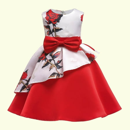 

AOOCHASLIY Baby Days Toddler Girls Net Yarn Flowers Print Bow Ruffles Birthday Party Gown Long Dresses