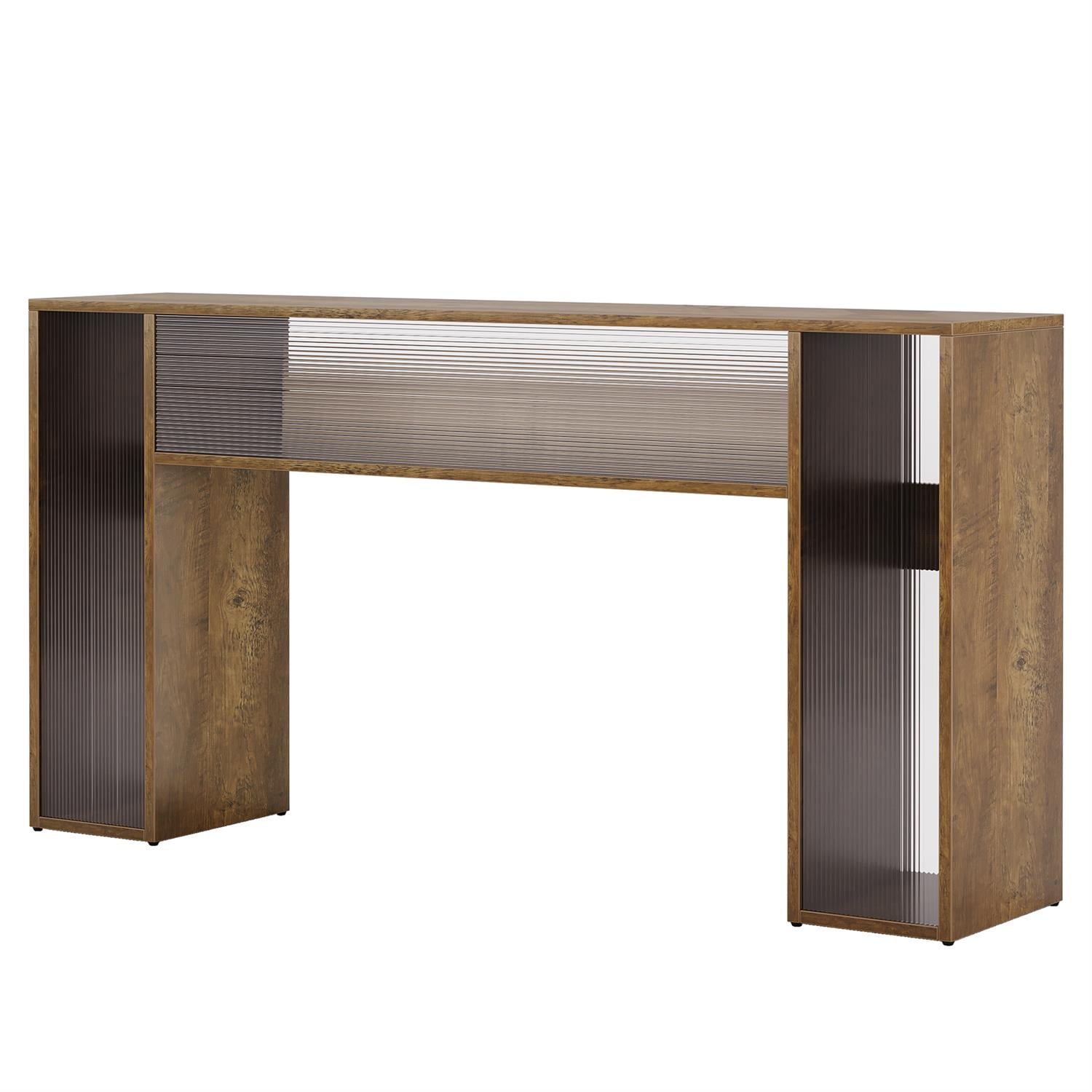 Demi Bonn LED-Lit Console Table, Wooden & Ribbed Glass Entryway Table, Stylish Hall Display for Living Room, Brown
