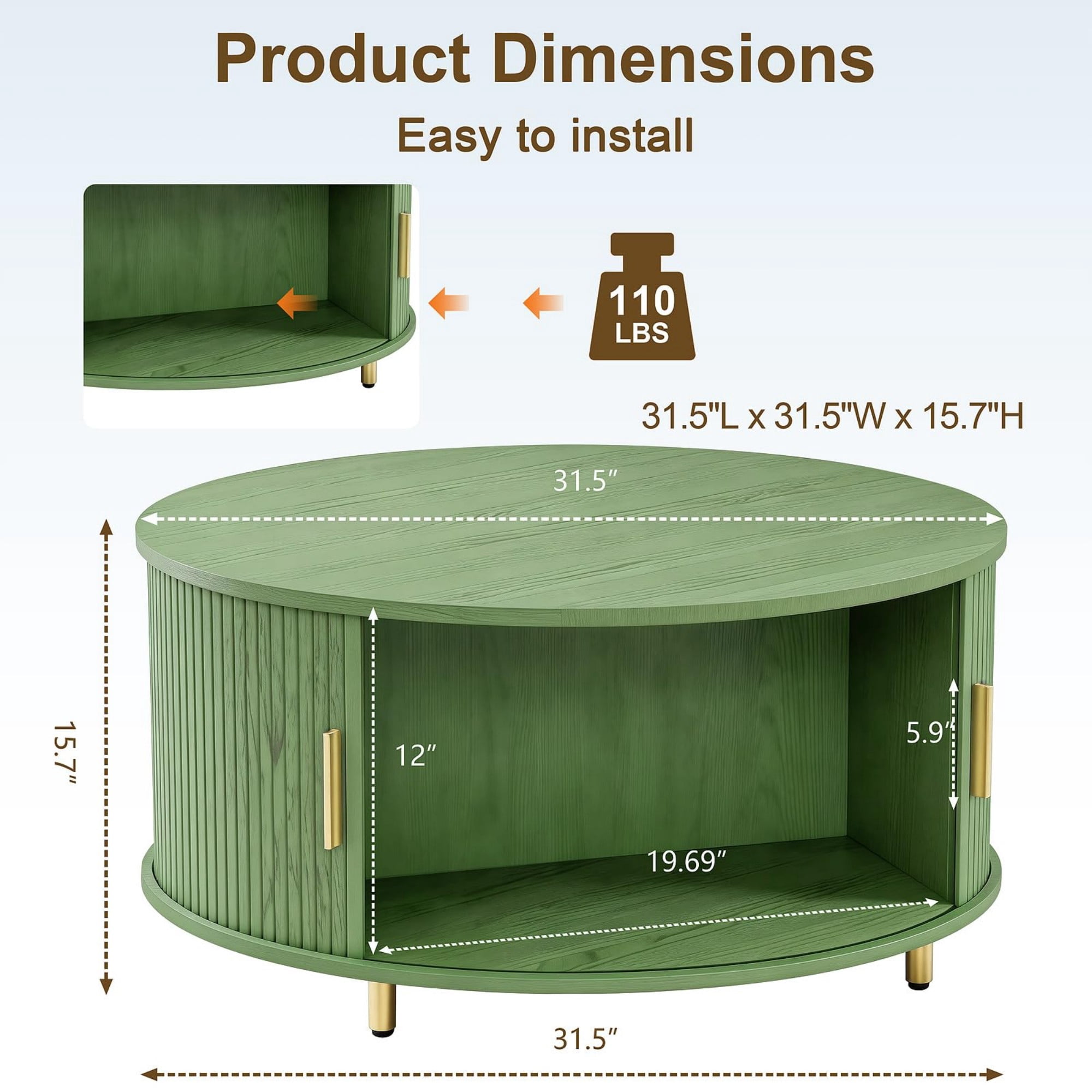 31.5" Round Coffee Table, Mid Century Modern Fluted Coffee Table with 360° Sliding Tambour Door & Storage, Green