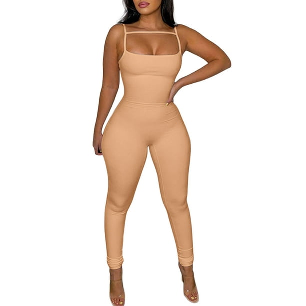 VISgogo Mono con tirantes para mujer, sin mangas, de corte bajo, de color sólido, ajustado, sin espalda, mono, mono largo informal de estilo simple VISgogo moda