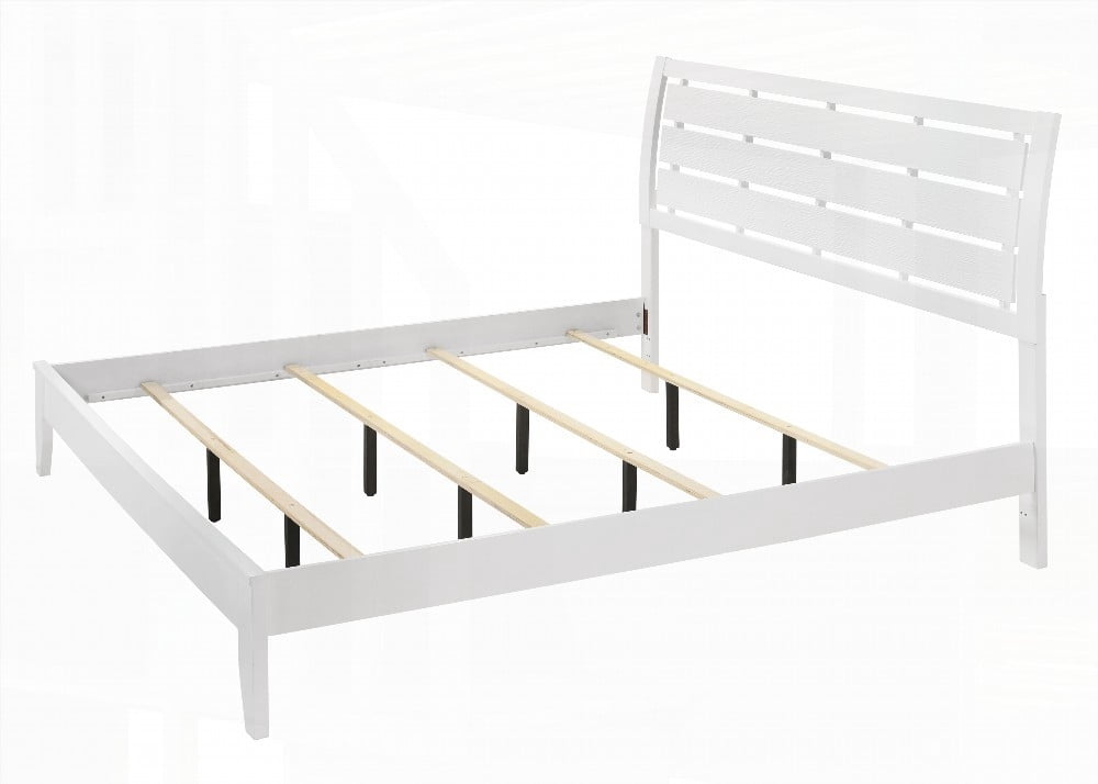 King Size Wooden Platform Bed Frame with Geometric Design, White Finish, for Bedroom