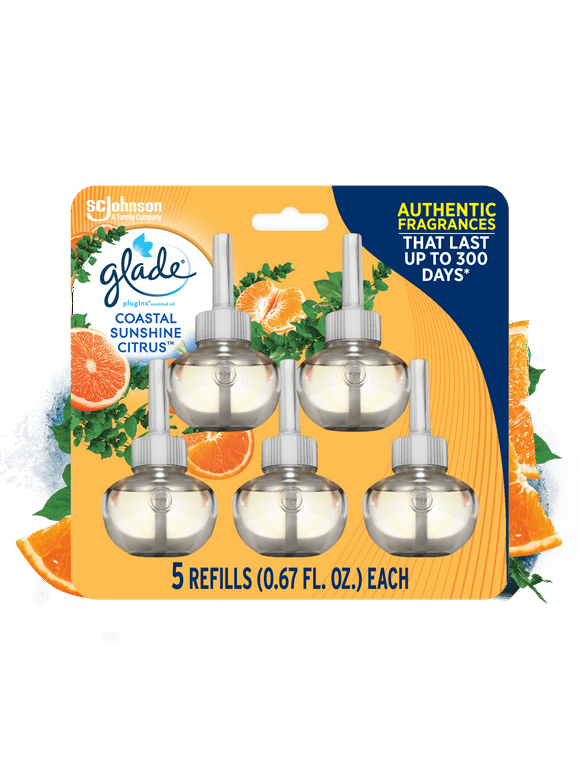 Glade PlugIns Air Freshener Refills, Mothers Day Gifts, Coastal Sunshine Citrus, Infused with Essential Oils, 0.67 oz, 5 Count