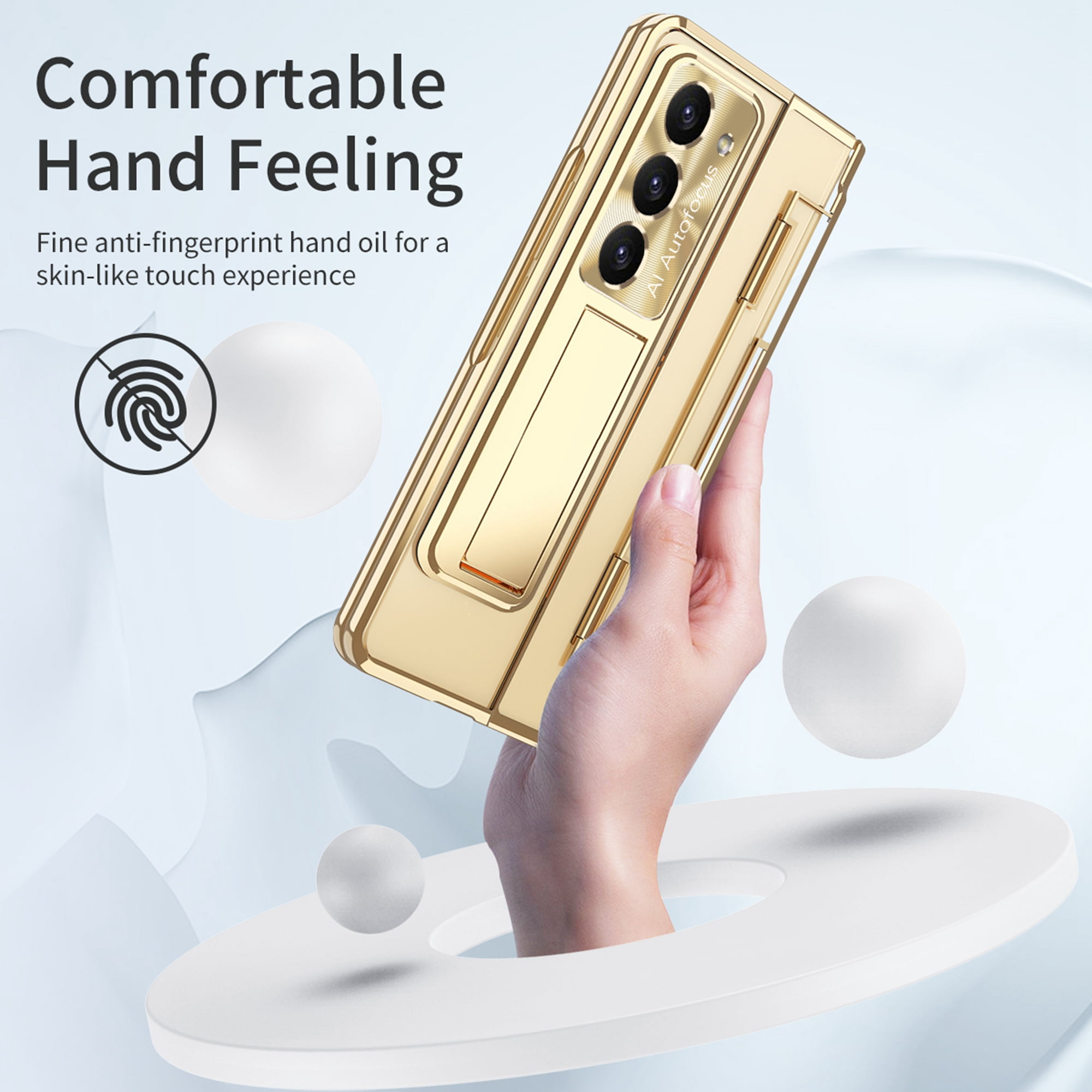 Dteck for Samsung Galaxy Z Fold 5 Case, Hinge Protection with Kickstand, Transparent Clear Back Cover with Built-in Screen Protector Shockproof Full Protective Phone Case for Z Fold5 2023,Gold