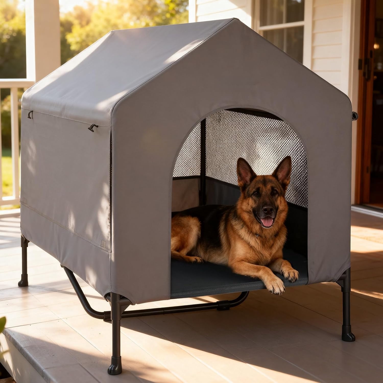 47" Dog House, 2-in-1 X-Large Dog House Outdoor Indoor Weatherproof, Outside Elevated Dog Cot Bed Dog Tent Shade, Three-Sided Breathable Mesh Windows and Sunshades