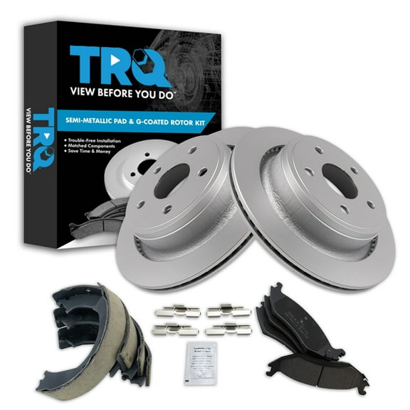 TRQ Rear Brake Pad & Rotor Kit Brake Pads Brake Rotor Parking Brake Shoe Set Semi-Metallic Premium G-Coated Fits Select 2003-2004 Dodge Ram 1500