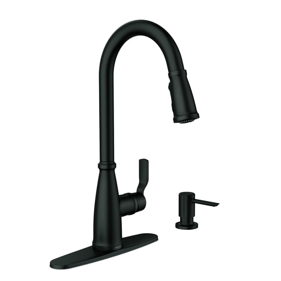 Moen Nolia Matte Black Kitchen Faucet with Soap Dispenser, Pull Down Sprayer with Power Boost, Transitional High Arc Kitchen Faucet, One-Handle Easy Installation