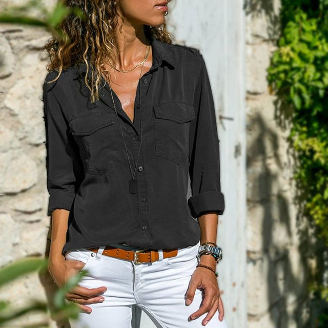 PENGXIANG Women Button Blouse Long Sleeve Pure Color Loose Shirt with Collar All-match Tops