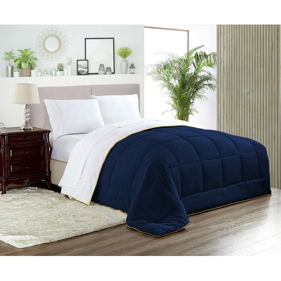 Full/Queen Comforter Reversible Navy Blue Luxurious Collection Microfiber Fill Duvet Insert Box Stiched Quilted Fluffy Soft All Season Comforter with Pillowcases & Premium Piping