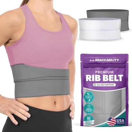 BraceAbility Adjustable Compression Rib Support Wrap, Gray, Universal Female