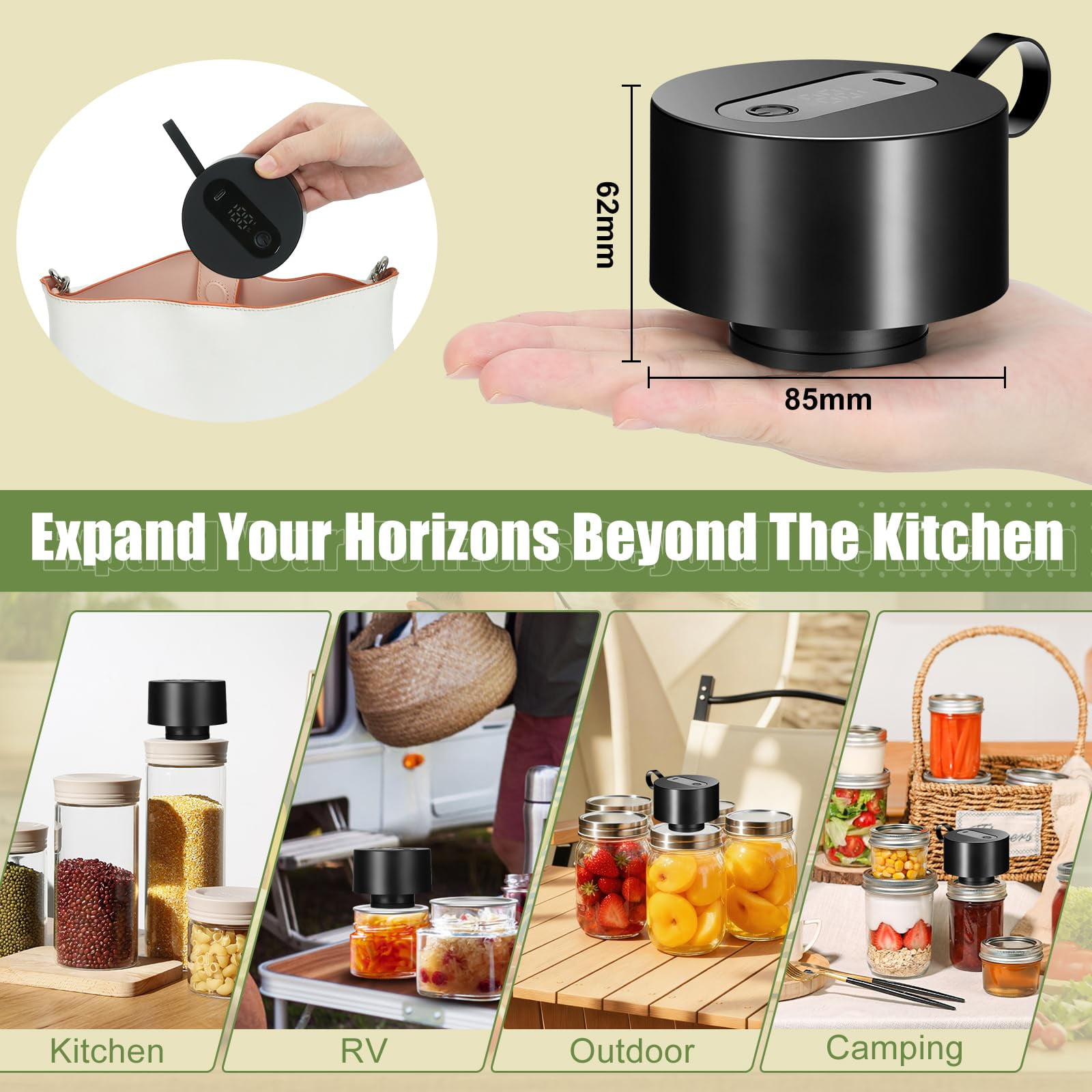 Electric Mason Jar Vacuum Sealer: Upgraded 3-in-1 Portable Vacuum Sealer Kit - for Mason Jars Vacuum Seal Bags & Containers - Ideal for Jams Pickles Dry Foods Grains Black