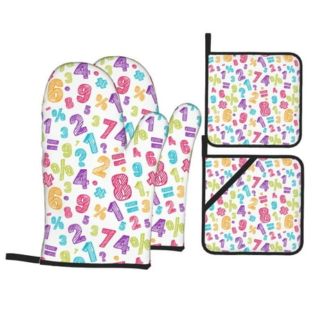 

Oven Mitts and Pot Holders Sets 4 pcs - Math colorful number Heat Resistant Silicone Oven Gloves with Non-Slip Silicone Surface and hot pads for kitchen Baking Cooking BBQ