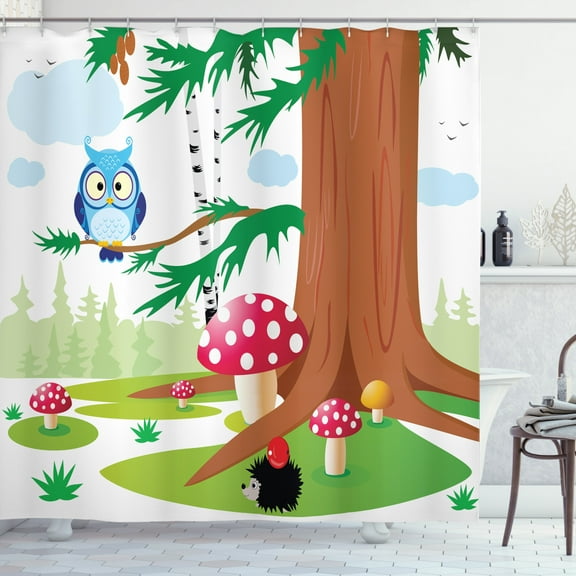 Hedgehog Shower Curtain, A Night Owl Perching onTree Branches in the Forest and Dotted Amanita Muscaria, Fabric Bathroom Set with Hooks, 69W X 84L Inches Extra Long, Multicolor, by Ambesonne