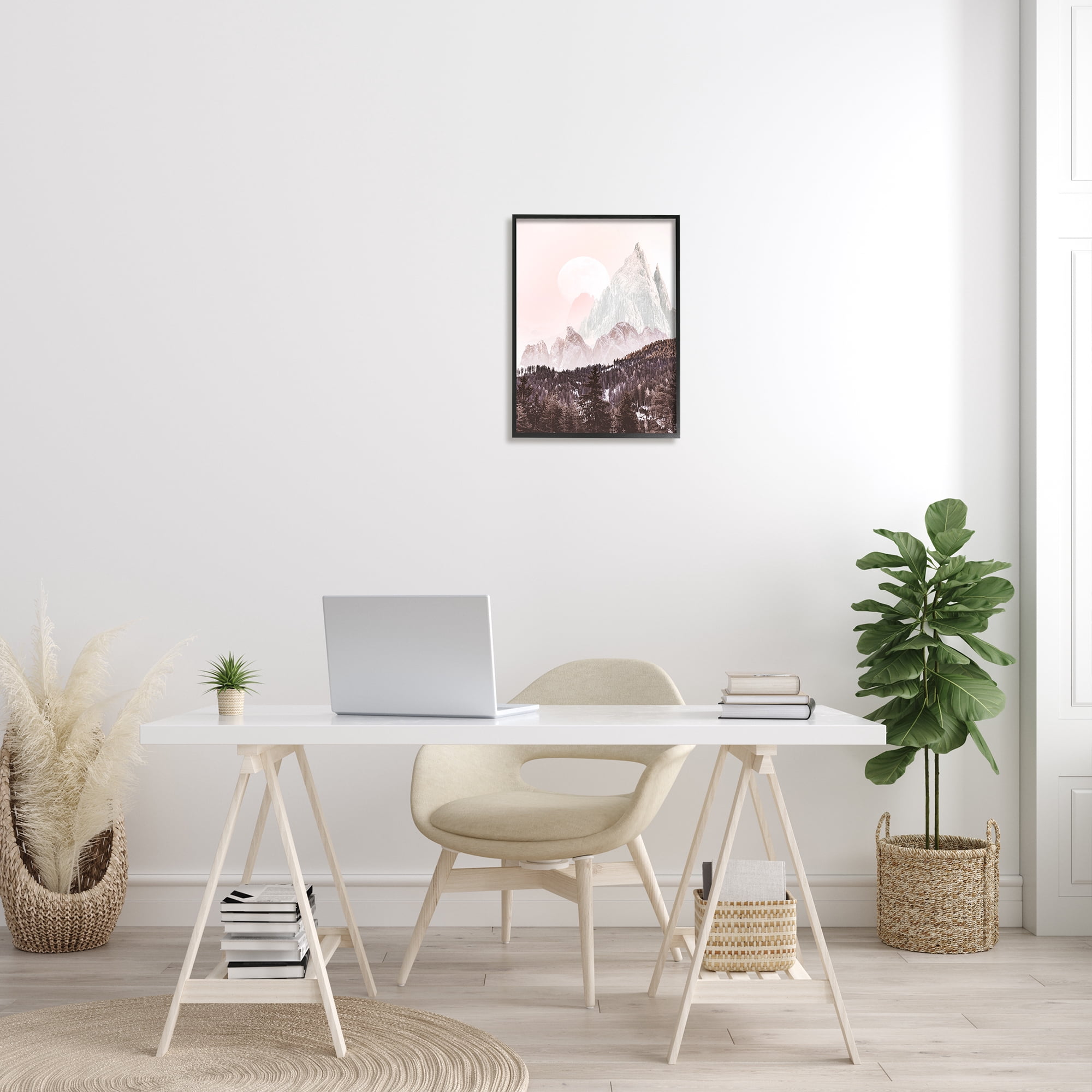 Stupell Industries Mountain Peak Tree Forest Landscape Monochromatic Sun Landscape Photography Black Framed Art Print Wall Art, 16 x 20