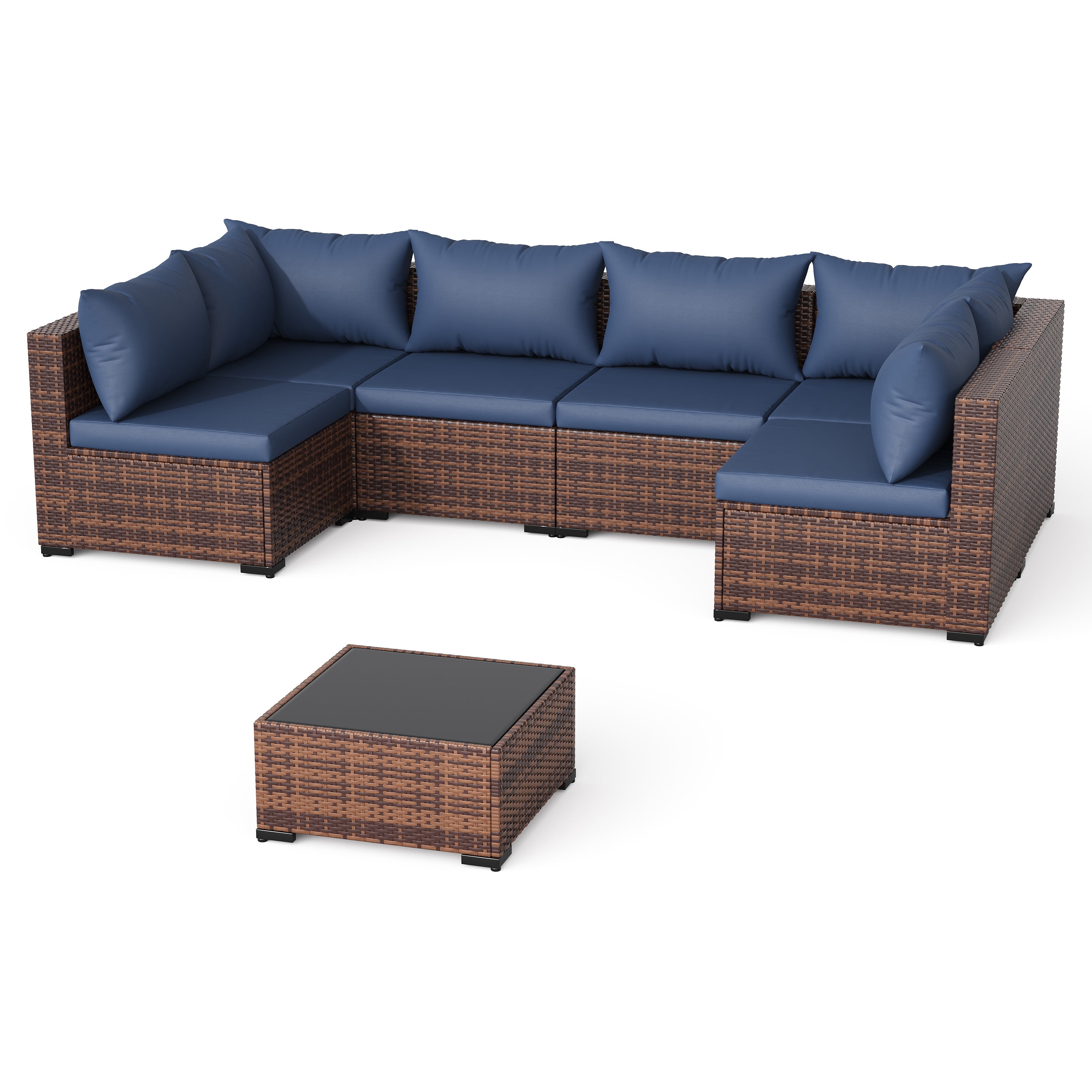 ELPOSUN 7 Pieces Patio Furniture Set All Weather Outdoor Sectional Sofa, Outdoor Modern Sectional Furniture Wicker Couch with Glass Coffee Table, Thicken Navy Blue Cushions, Water Resistant