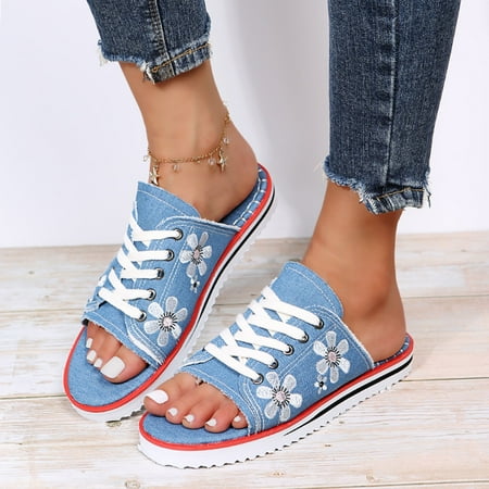 

Tangnade House Slippers for Women Fashion Summer Lace-Up Flowers Shoes Beach Peep Toe Breathable Sandals
