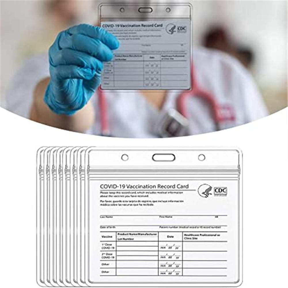 10 Pack Vaccination Card Protector with 5 PCS Vaccine Pins CDC Vaccination Card Protector 4 X 3 Inches Immunization Record Vaccine Cards Holder Clear Vinyl Plastic Sleeve with Waterproof Type Resealable Zip 