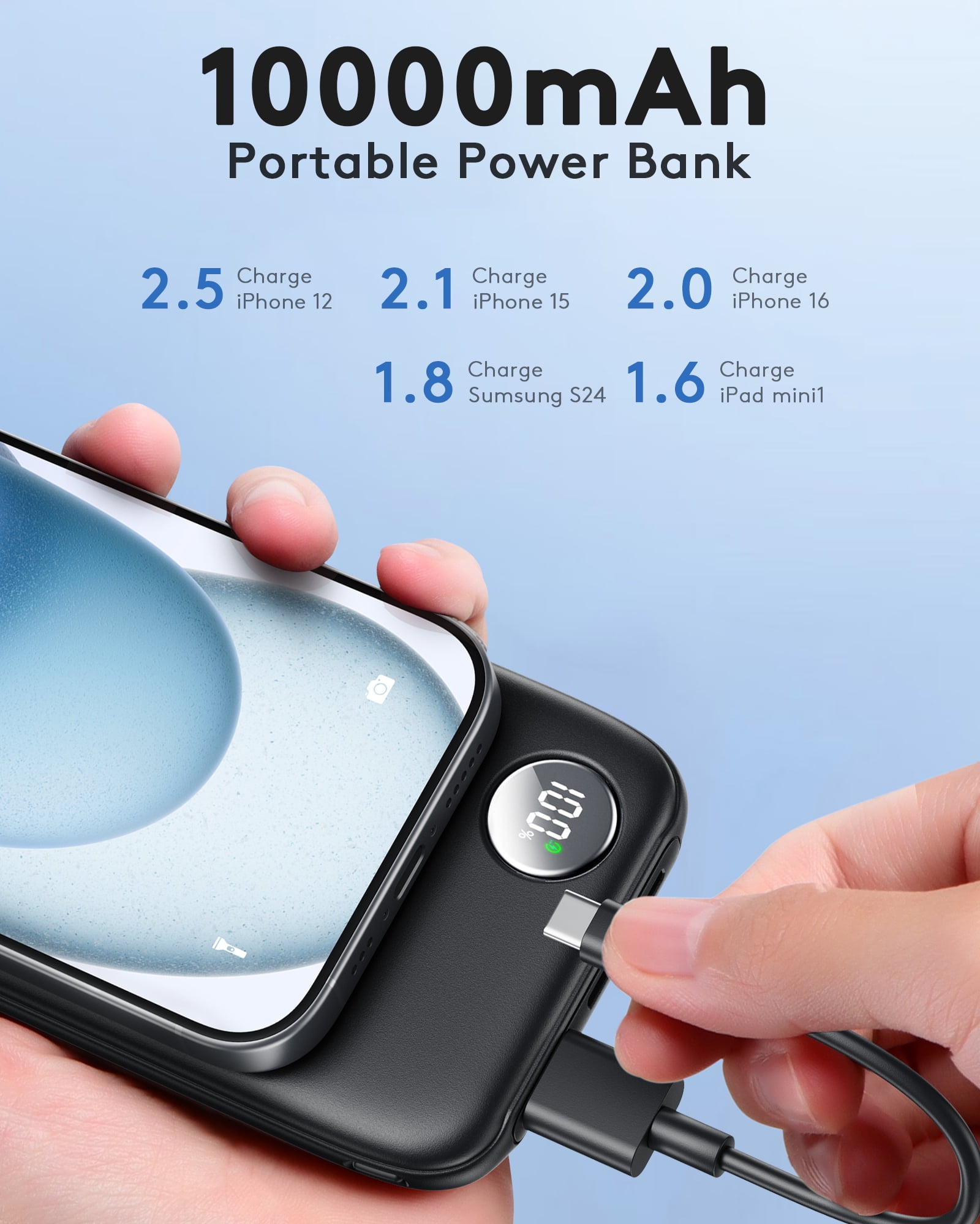 Fast Charging Power Bank, 10000mah Portable Charger for iPhone, 22.5W USB C in&Out Battery Pack Phone Charger Portable, Slim Powerbank for iPhone 17/16/15 Series, Samsung, Google,Android