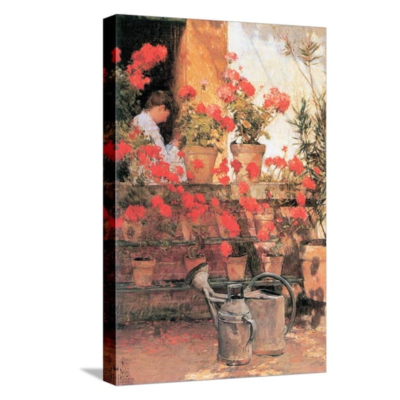 Art.com Red Geraniums Stretched Canvas Print Wall Art by Childe Hassam, 12" x 18"