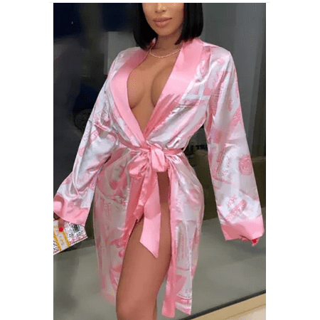 

Puloru Women s Satin Robe Dollar Print Long Sleeve Silk Robe Belt
