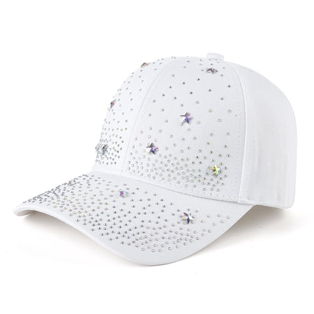 Floleo Women s Rhinestone Star Baseball Cap Sparkly Bling Washed Hat Casual Streetwear Sun Hat Adjustable Breathable Outdoor Hat(White M)