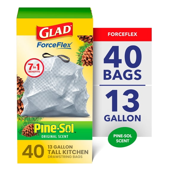 Glad ForceFlex 13-Gallon Drawstring Tall Kitchen Trash Bags, Pine-Sol Original Scent, 40 Bags