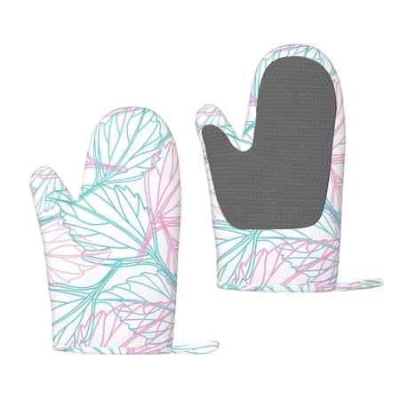 ZNDUO Kitchen Oven Gloves, Durable Heat Resistant Oven Gloves with Quilted Liner Non-Slip Textured Grip Perfect for BBQ, Baking, Cooking and Grilling, Line Art Leaf