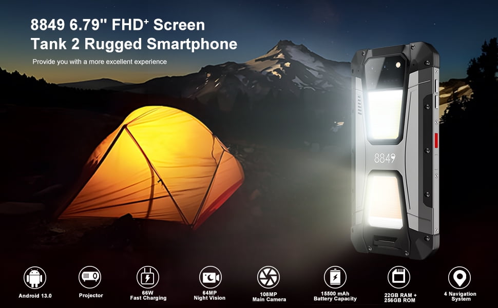 Unihertz 8849 tank 2 projector powered smartphone 22GB 256GB camping light  cellphones 108mp G99 64MP night vision mobile phones 