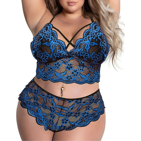 

WGOUP Women s Plus Size Sexy Lingerie Lace Embroidery Two Point Three Piece Split Suit Blue(Buy 2 Get 1 Free)