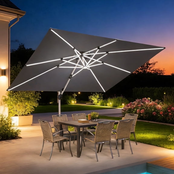 PURPLE LEAF OUTDOOR 9' x 12' LED Umbrella with Base Cantilever Umbrellas Large Umbrella Outdoor Umbrellas Offset Umbrellas Rectangular Patio Umbrella for Pool, Gray