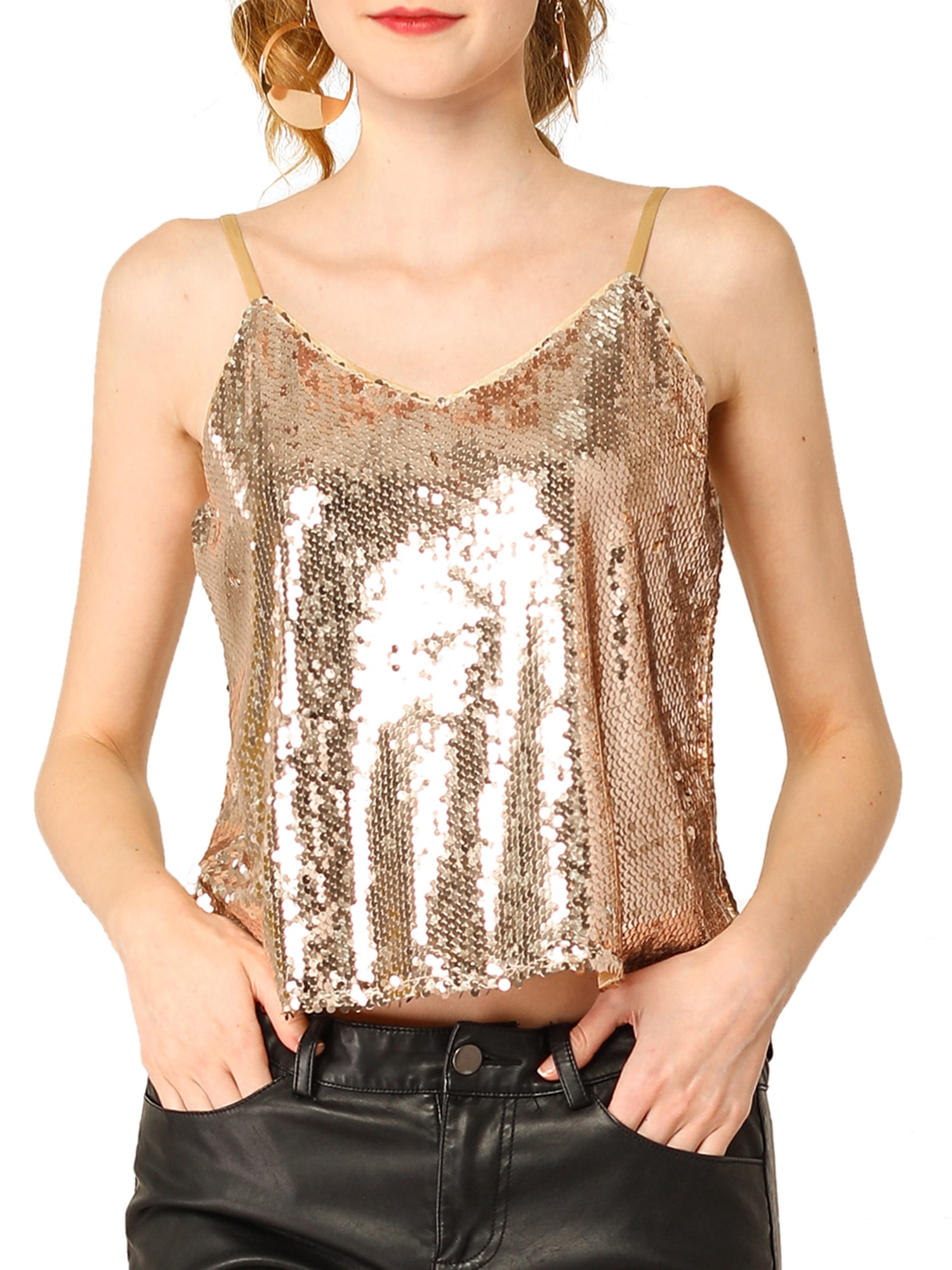 Unique Bargains Womens Sequin Sparkle Glitter Spaghetti Strap Crop 