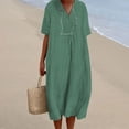 thumbnail image 6 of QUYUON Casual Summer Linen Dresses for Women V-Neck Short Sleeve Midi Dress Solid Color Loose Flowy A-Line Tunic Dress Mid-Length Dress Wedding Guest Evening Party Dress Style D-7134 Green S, 6 of 6