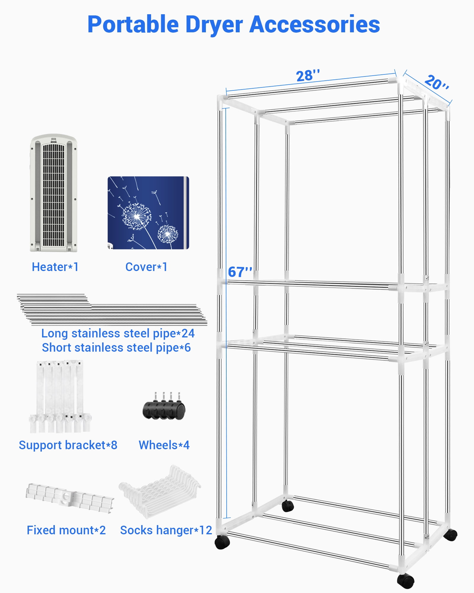 KASYDoFF Portable Clothes Dryer, 1600W-110V Clothes Dryer, 67Inch -3 Tier Foldable Clothes Dryers Rack, Energy Saving Portable Dryer for Apartment, Indoor, Travel, RV,Blue