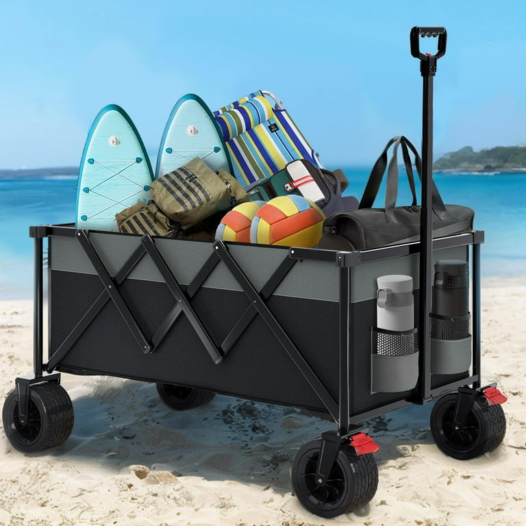 Sesslife Folding Garden Wagon Cart, Collapsible Beach Wagon for Sand, Utility Wagon Cart with Big Wheels, Extra Pocket, Storage Bag and Cup Holder