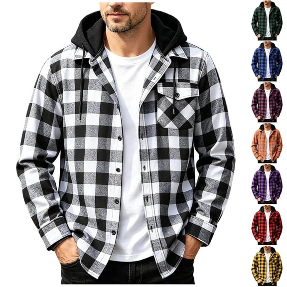Fabrcox S-4XL Men Flannel Shirt Jacket with Hooded Long Sleeve Button Down Men Shacket Plaid with Chest Pocket Casual Oversized Hoodie Coat Green XXXL
