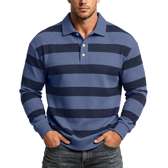 fnnxeal Mens Polo Shirts, Collared Long Sleeve Striped Casual Waffle Fall Winter Dark Blue Polo Shirts for Men Size 2XL