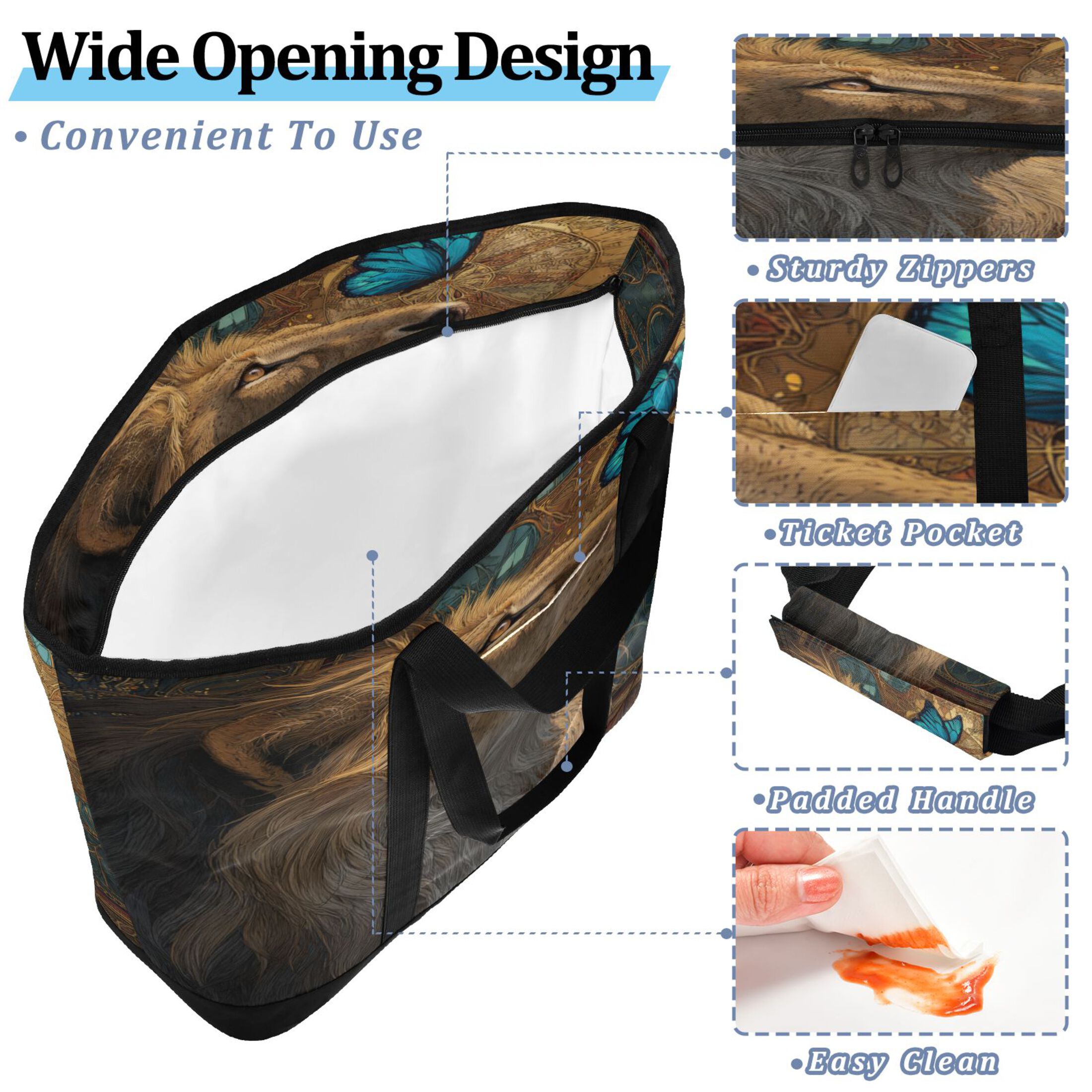 Extra-Large Wide Opening Design Capacity Hand-Held Ice Pack Thickened Insulation Layer For Long-Lasting Cold Retention For Outdoor Shopping Picnics And Camping Majestic Lion and A Butterfly