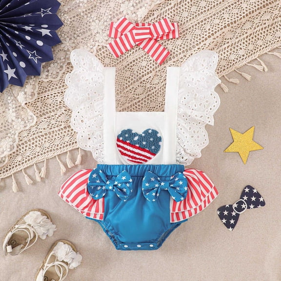 YWIYIUD Baby Girl 4th of July Outfit Baby Boy Flying Sleeve Fourth of July Romper Sets with Headband Independence Day Bow Romper Outfit InfantBaby Girl Clothes Blue 3-6 Months
