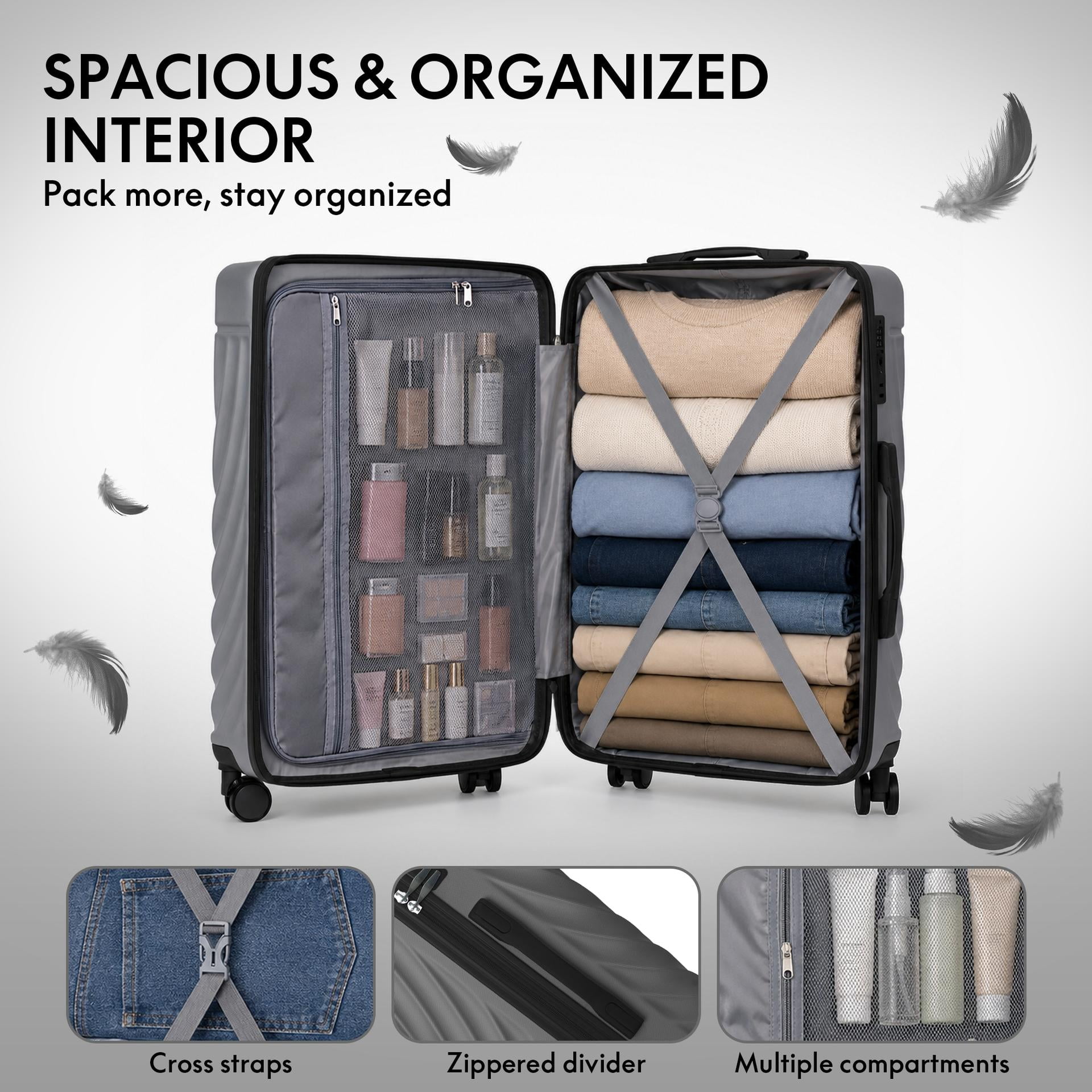 3-Piece ABS Hardshell Luggage Set, Lightweight Durable Suitcases with 4 Silent Spinner Wheels & TSA Lock, Wave-Embossed Scratch-Resistant Shell, 20/24/28 Inch, Ash Grey