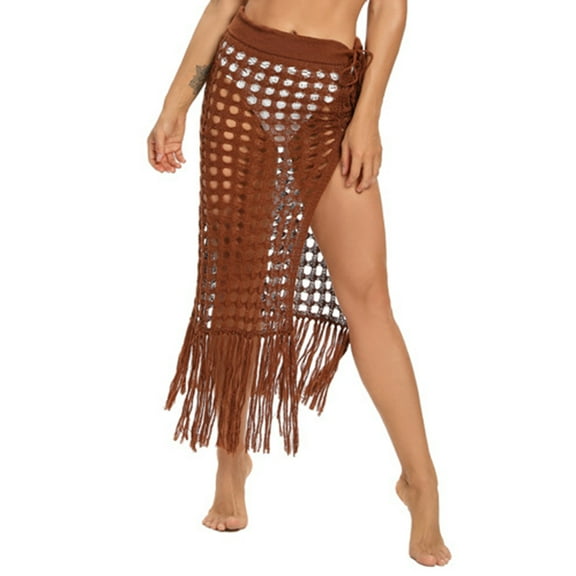 Idoravan Women's Basic Versatile Skirt Clearance Women Solid Swimsuit Bohemian Hollow Weave Tassels Cover Up Bikini Swimwear Beach Cover-Ups Wrap Skirt