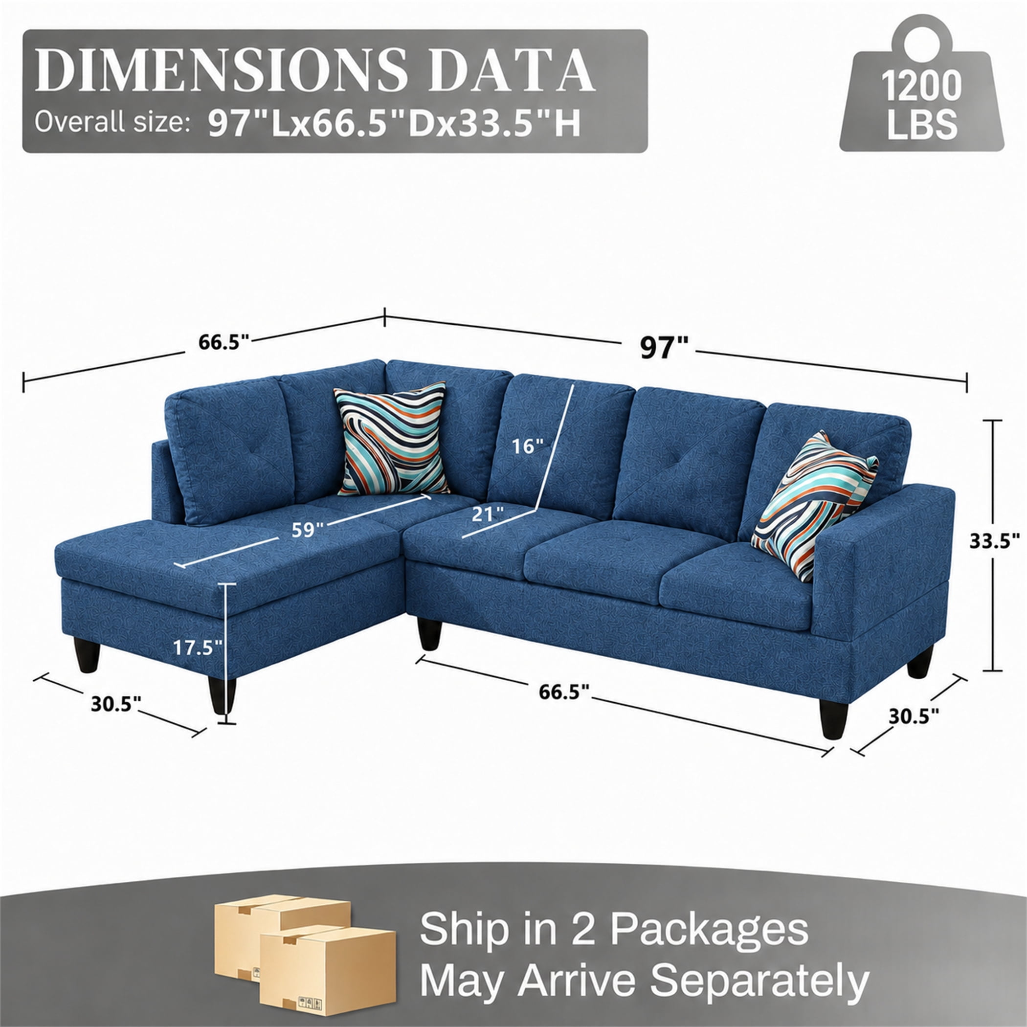 Aukfa 97" Classic Sectional Sofa 4 Seat L shape Couch for Living Room, 2Pillows, Oversized Left Chaise, Linen, Blue