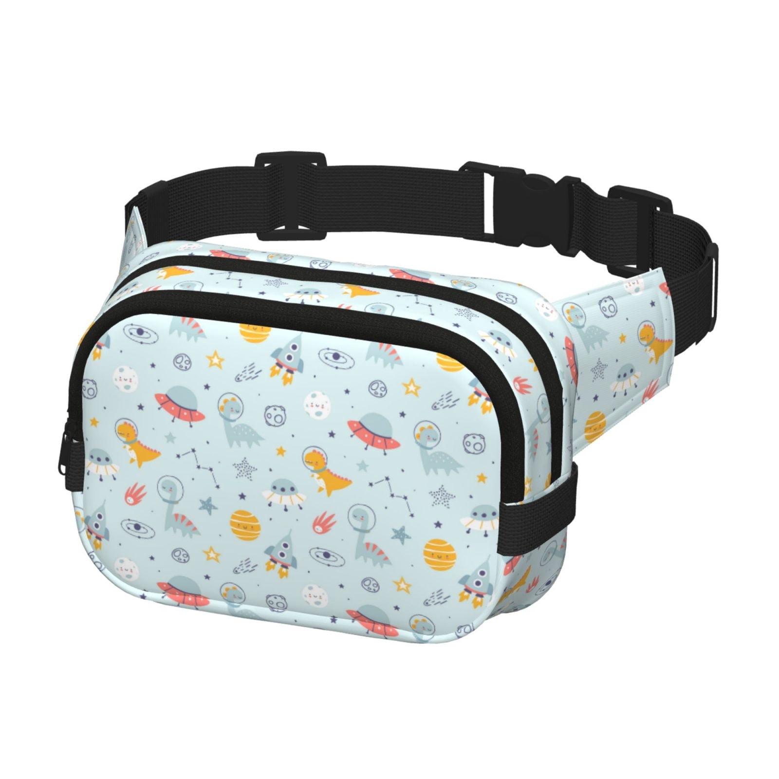 Picia Space With Dino Astronauts Print Square Double-Layer Waist Bag Mini Adjustable Waist Belt Bag Exercise Running Travel Hiking
