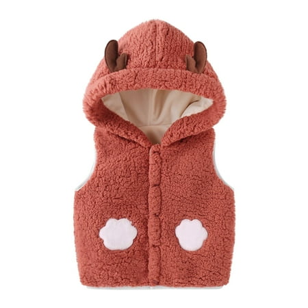

BIZIZA Infant Baby Vest Fleece Dinosaur Solid Color Hooded Button Up Sleeveless for Kids Chlid Tops Deep Red 100