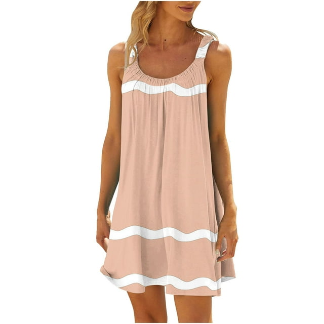 Robe Décontractée Imprimée Sans Manches à Col Rond Longueur Genou pour Femmes Printemps et Été
