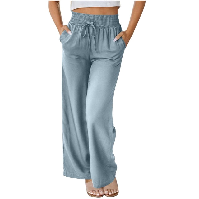 Summer Clearance 2025! Womens Plus Size Pants,Spring Summer Fashion Solid Color Pockets Outwear Wide Leg Drawstring Long Pants Trousers For Women
