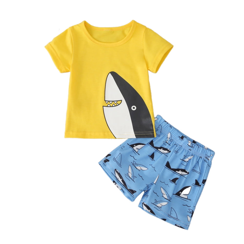 Baby Boy Printed Shark Clothes for Summer Yellow T-shirt & Blue Pants ...