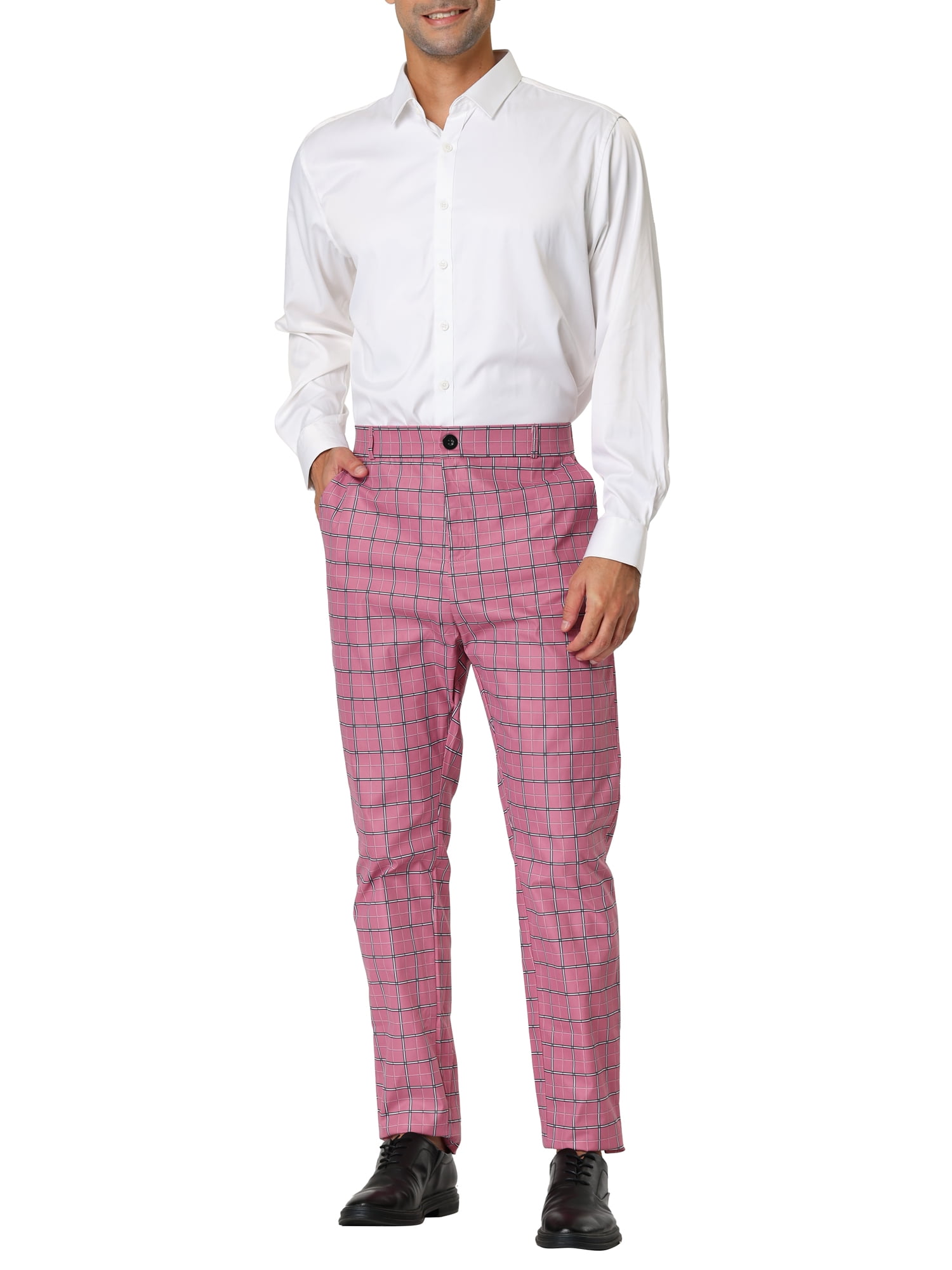 Unique Bargains Men's Business Flat Front Plaid Pants Casual Checked Trousers 30 Pink